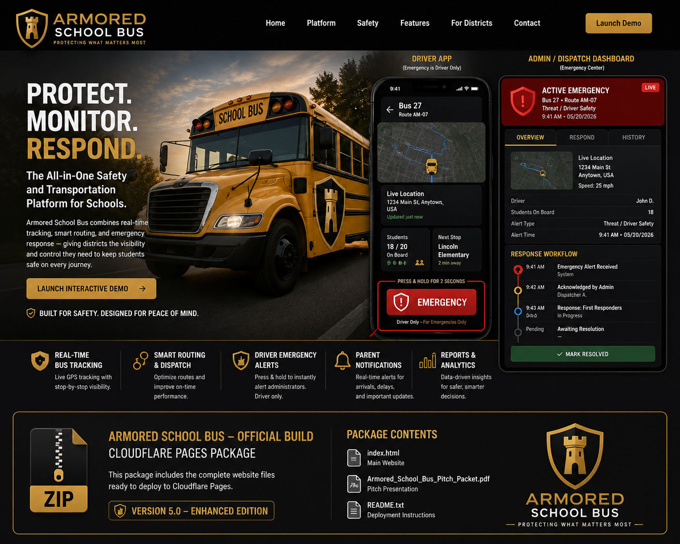 Armored School Bus branded safety platform hero image